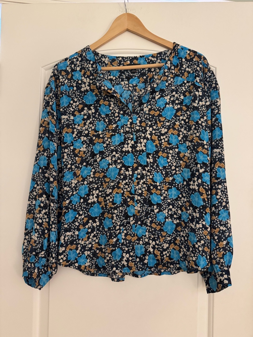 Ann Taylor Blue and Tan Floral Button-Front Blouse
